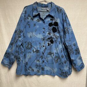 Liz & Me 100% Cotton Long Sleeve Blue Black Foral Women's Shirt - Size 4X